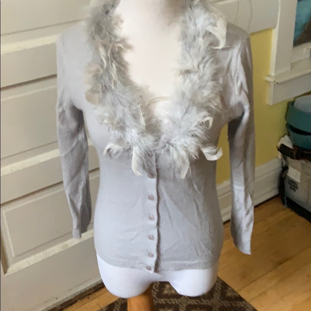 BEBE Super Soft Gray Cardigan W Feathered Neckline